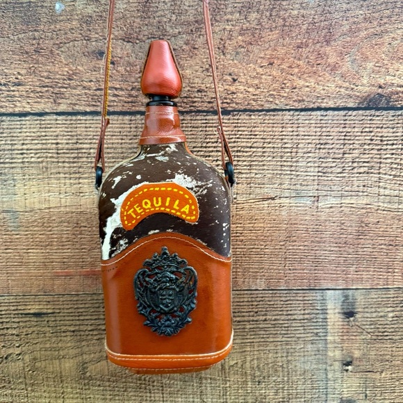 Vintage Leather/Cowhide Wrapped Tequila Collectable Bottle W Strap - Picture 2 of 6